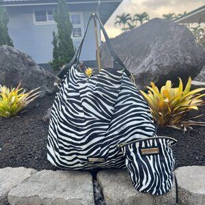 Jimmy Choo (Made in Italy) Zebra-Print Nylon Tote Bag + Matching Pouch